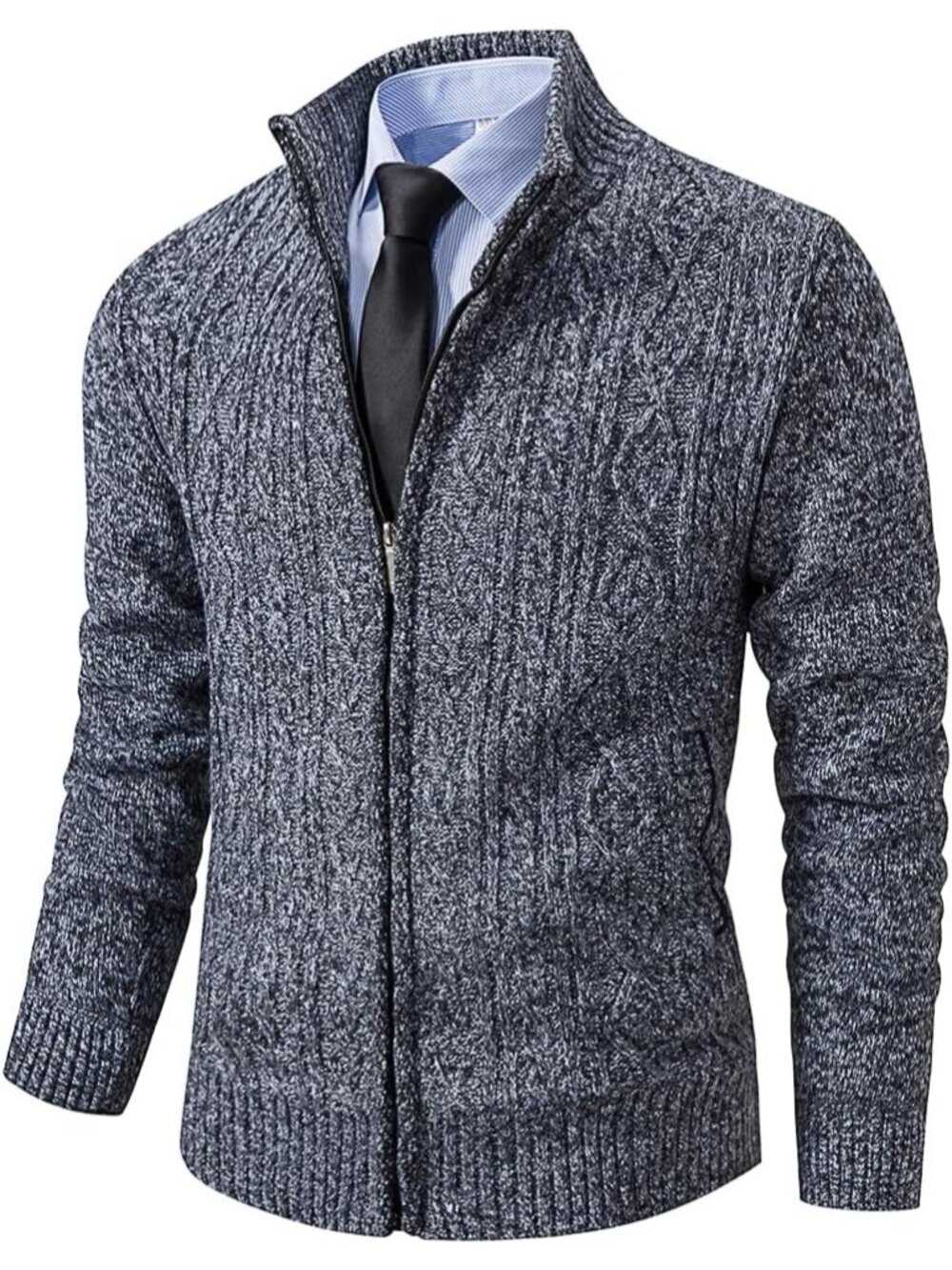 🆕Men Dark Grey Cardigan Sweaters Full Zip Knitted Zipper Stand Collar Business